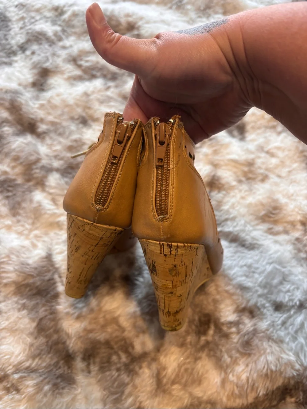 Lace-Up Cork Wedge Sandals in Tan